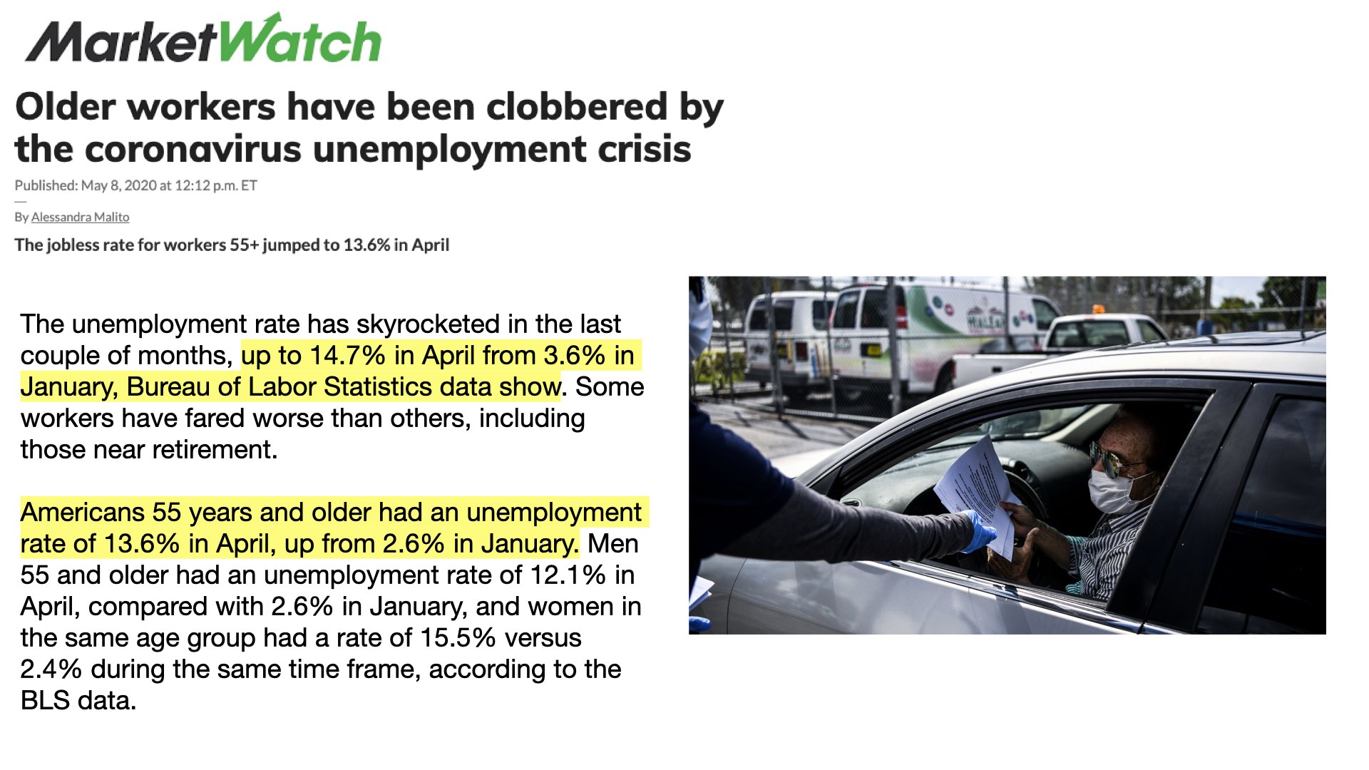 MarketWatch noted Americans 55 and older have been clobbered by the coronavirus’ economic fallout. In January of this year MarketWatch notes the unemployment rate for those 55 and older was 2.6%. By April that unemployment number jumped to 13.6%. 